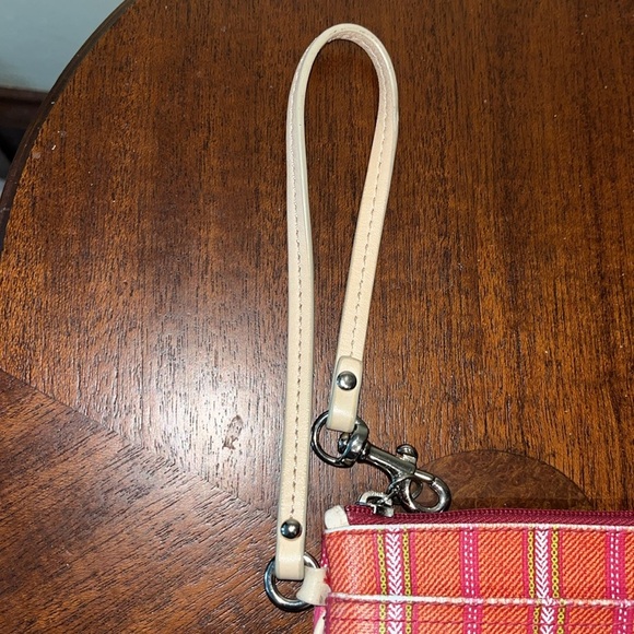 Coach Vintage wristlet coated canvas stripe Orange pink sage white/tan leather - Picture 4 of 13